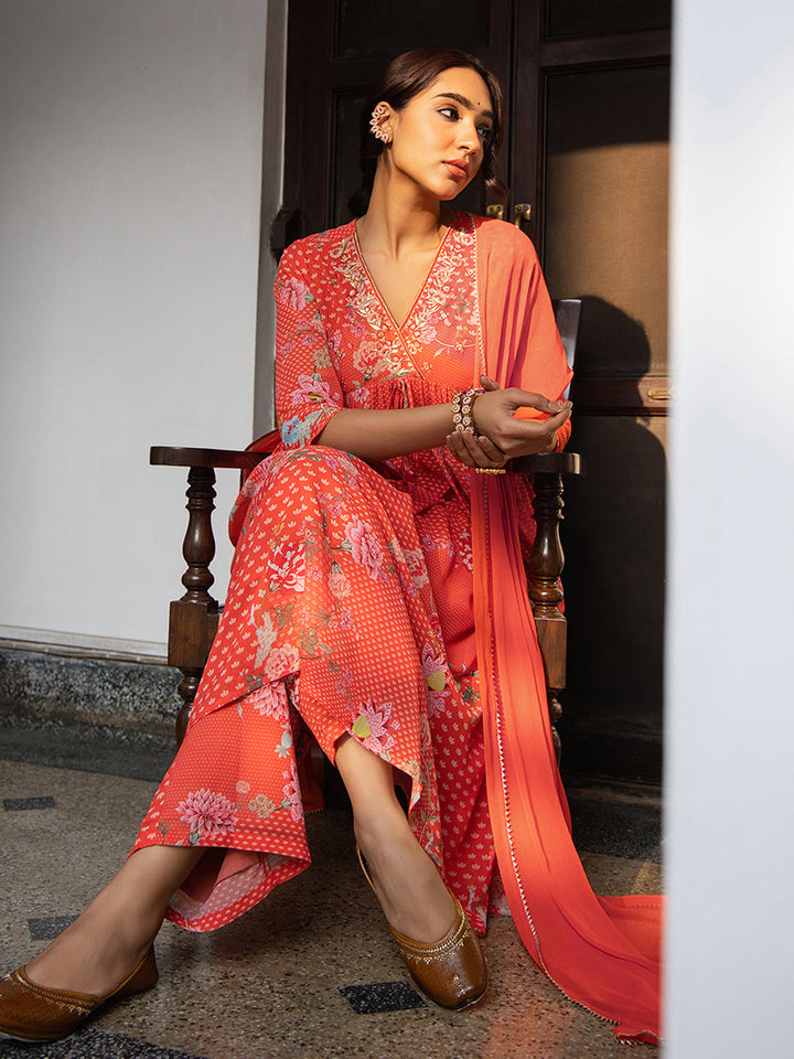 Red Georgette Yoke Embroidery Gathered Kurta Set  - By Janasya