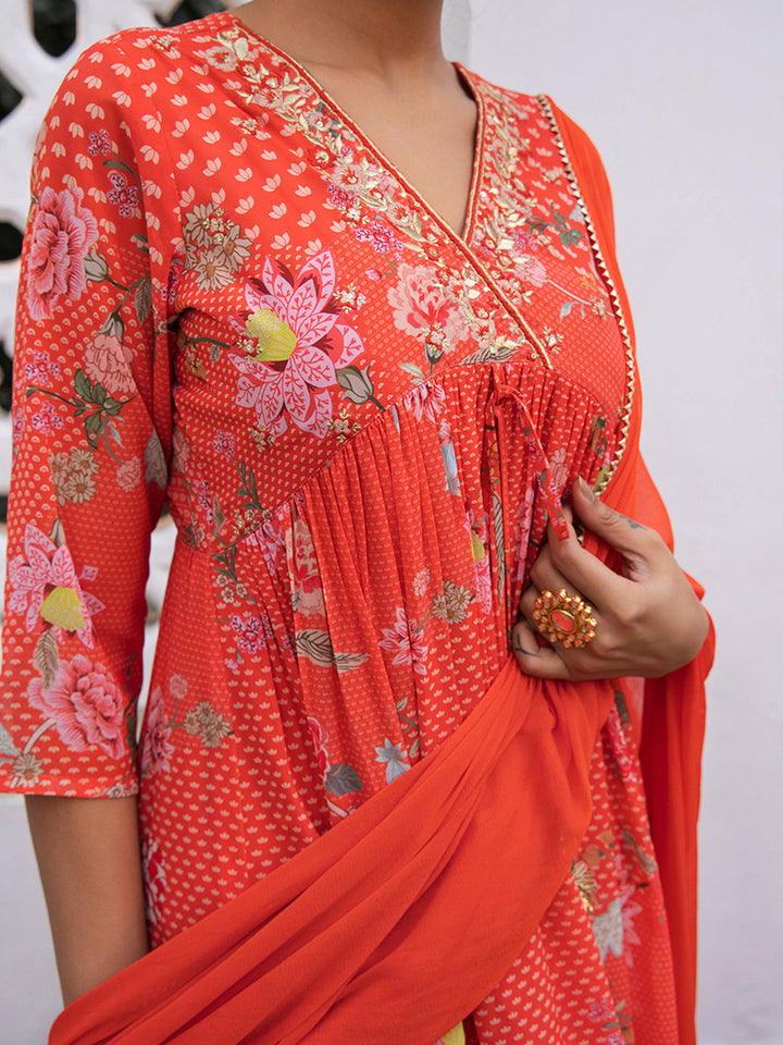 Red Georgette Yoke Embroidery Gathered Kurta Set  - By Janasya