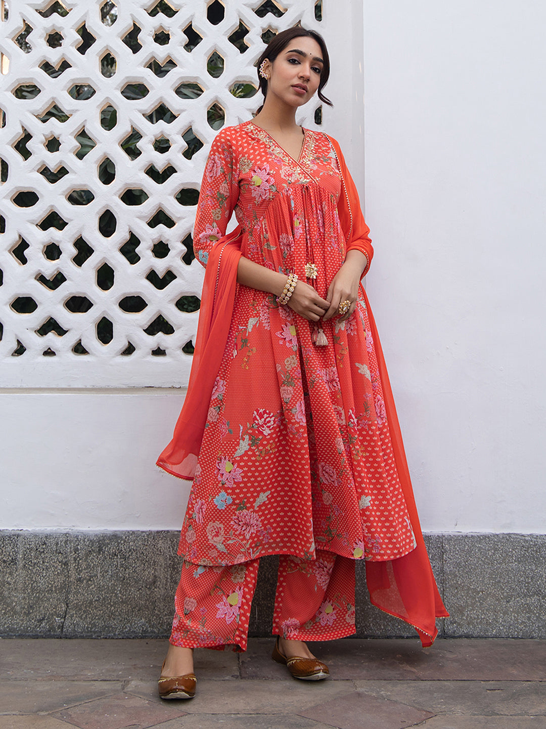 Red Georgette Yoke Embroidery Gathered Kurta Set  - By Janasya