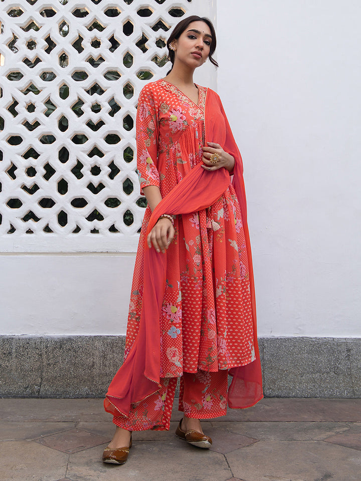 Red Georgette Yoke Embroidery Gathered Kurta Set  - By Janasya