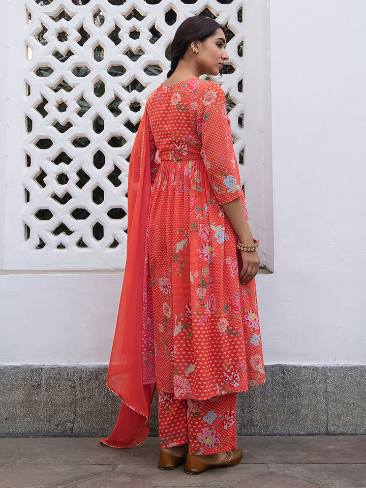 Red Georgette Yoke Embroidery Gathered Kurta Set  - By Janasya