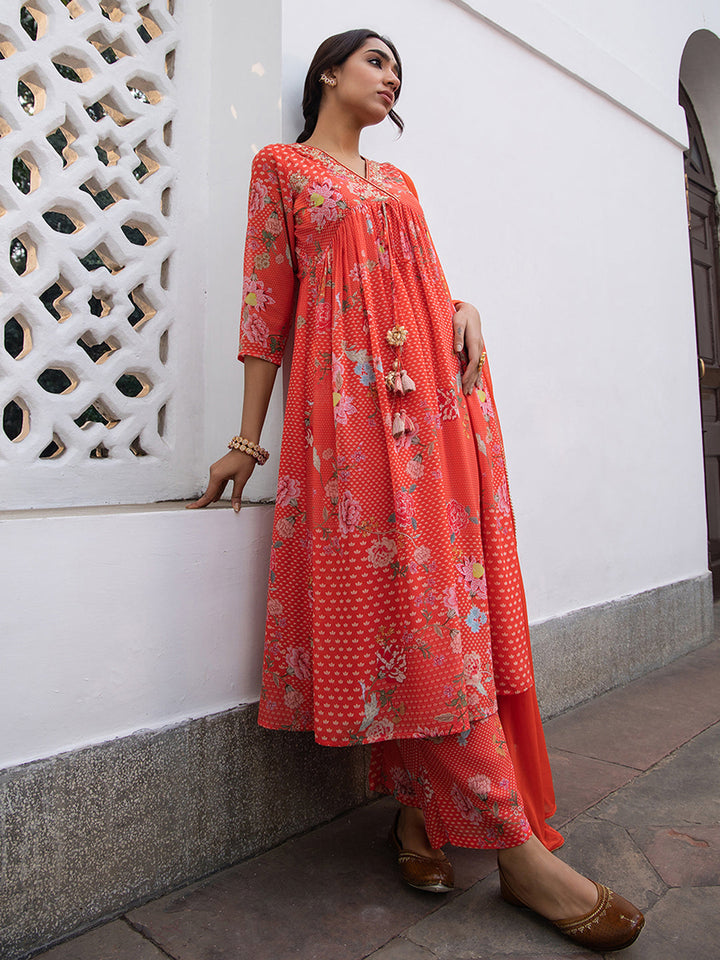 Red Georgette Yoke Embroidery Gathered Kurta Set  - By Janasya