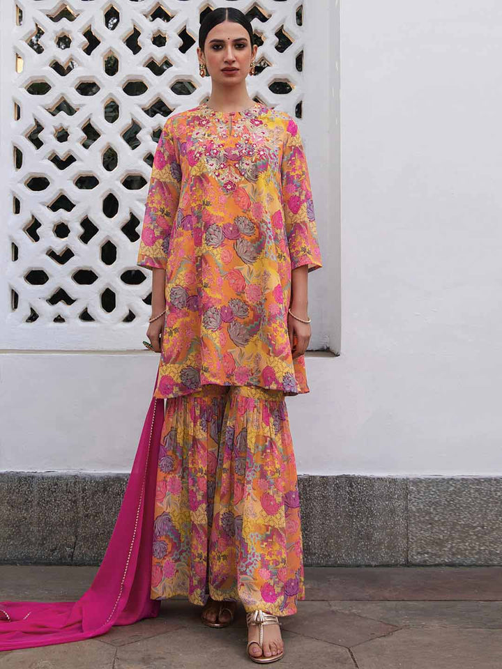 Multicolor Georgette Floral Yoke Embroidery Panelled Kurta Set  - By Janasya