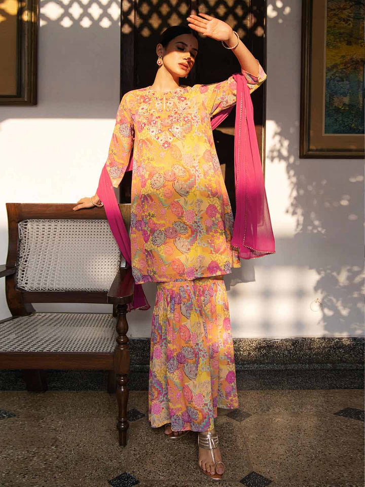 Multicolor Georgette Floral Yoke Embroidery Panelled Kurta Set  - By Janasya