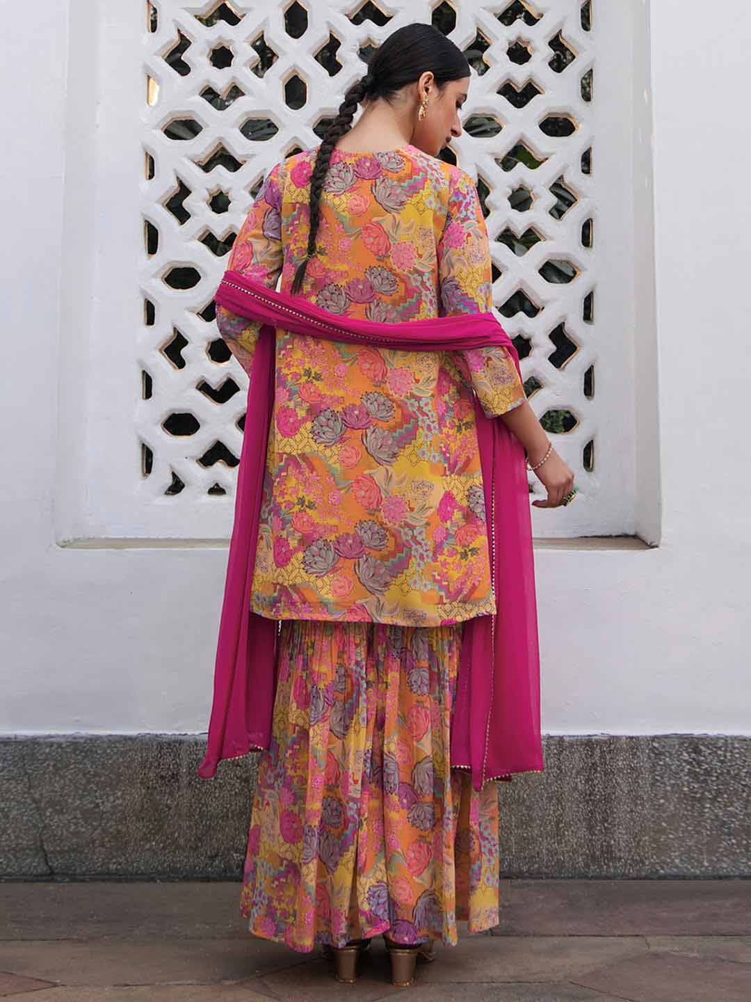 Multicolor Georgette Floral Yoke Embroidery Panelled Kurta Set  - By Janasya