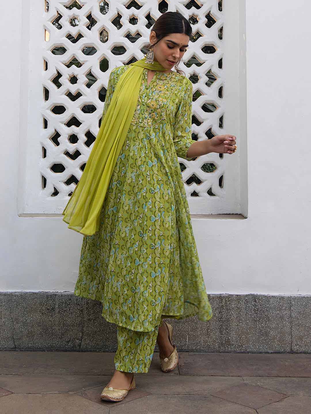 Lime Georgette Yoke Embroidery Anarkali Kurta Set  - By Janasya