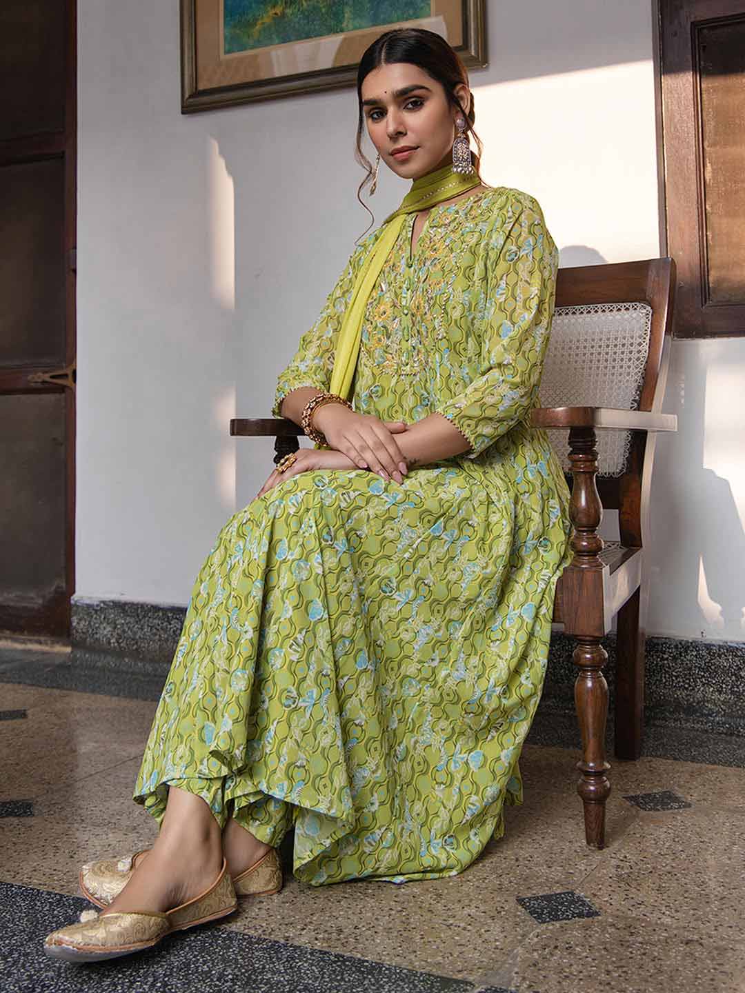 Lime Georgette Yoke Embroidery Anarkali Kurta Set  - By Janasya