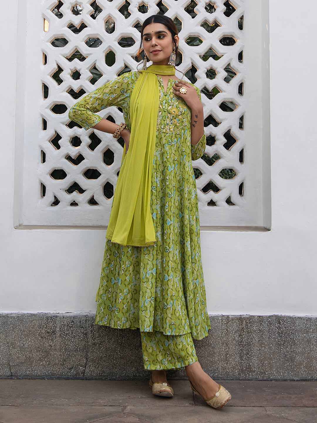 Lime Georgette Yoke Embroidery Anarkali Kurta Set  - By Janasya