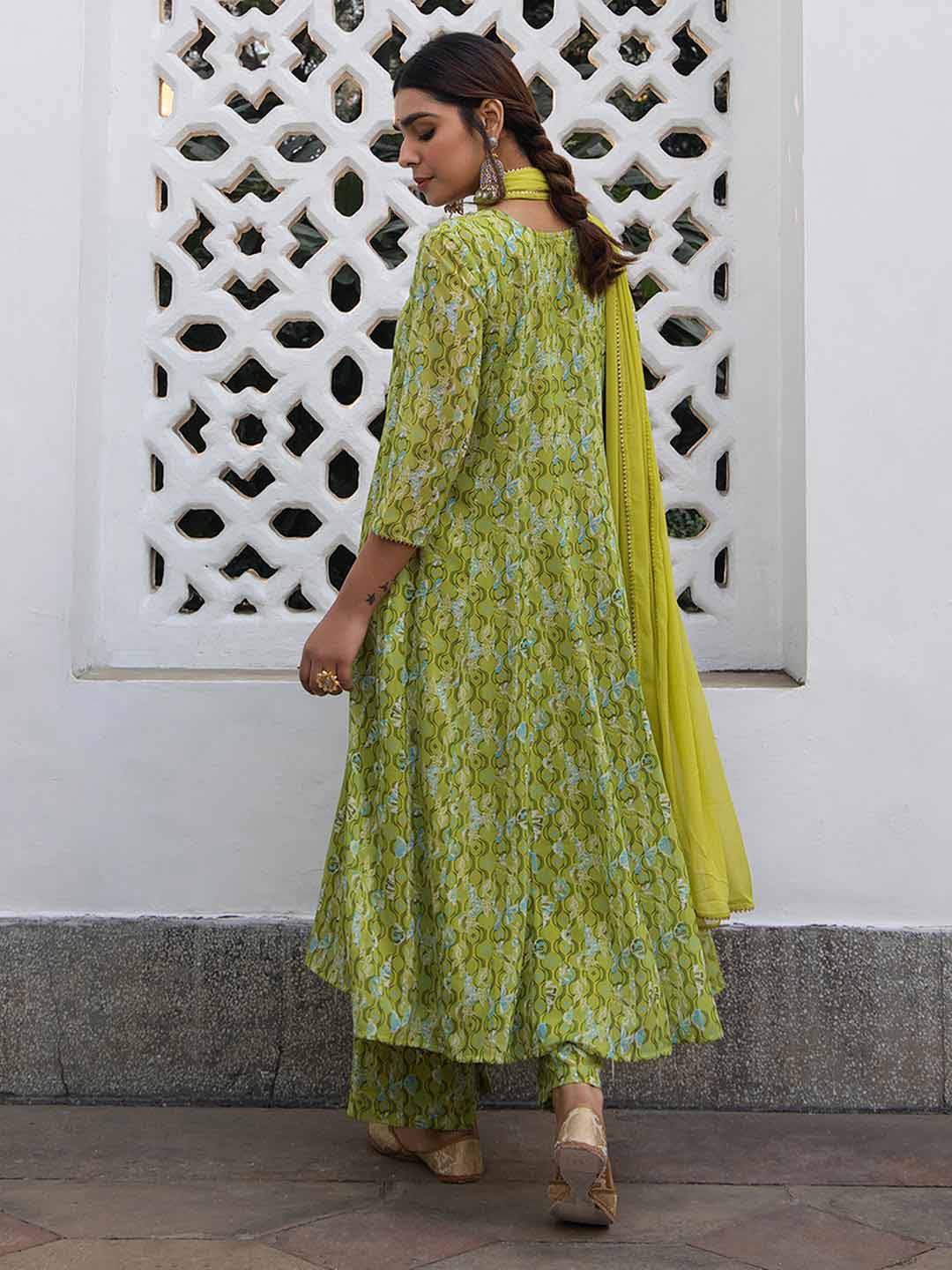 Lime Georgette Yoke Embroidery Anarkali Kurta Set  - By Janasya