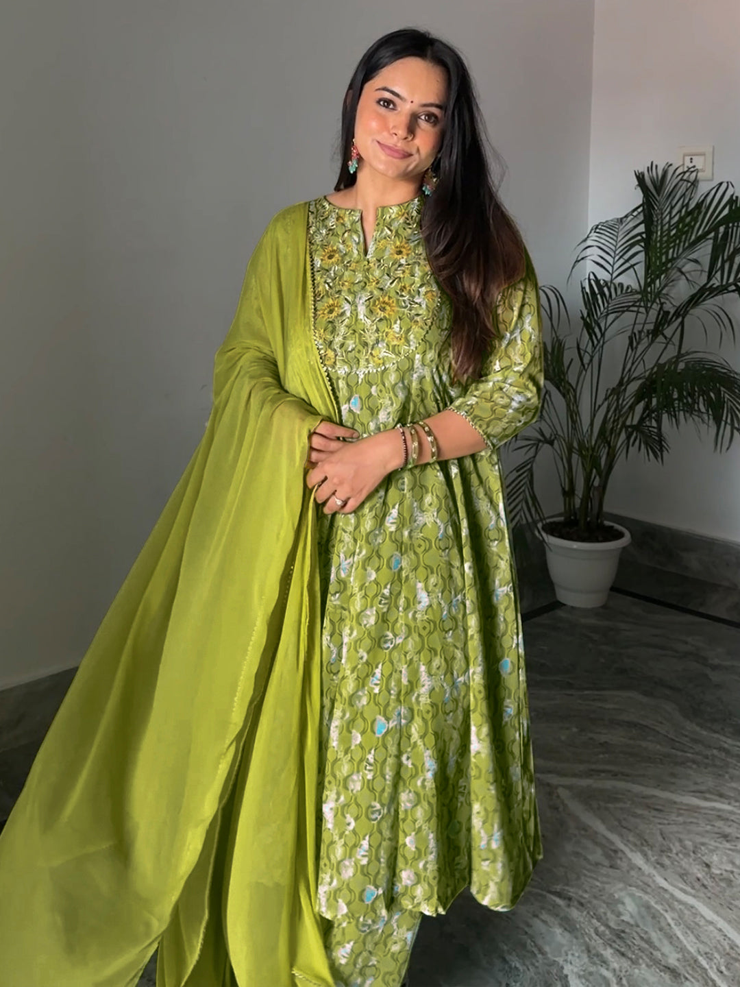 Lime Georgette Yoke Embroidery Anarkali Kurta Set  - By Janasya