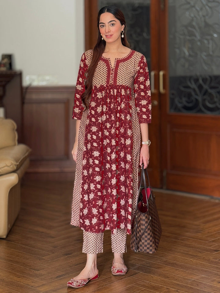 Red Cotton Floral Kurta Pant Set  - By Janasya