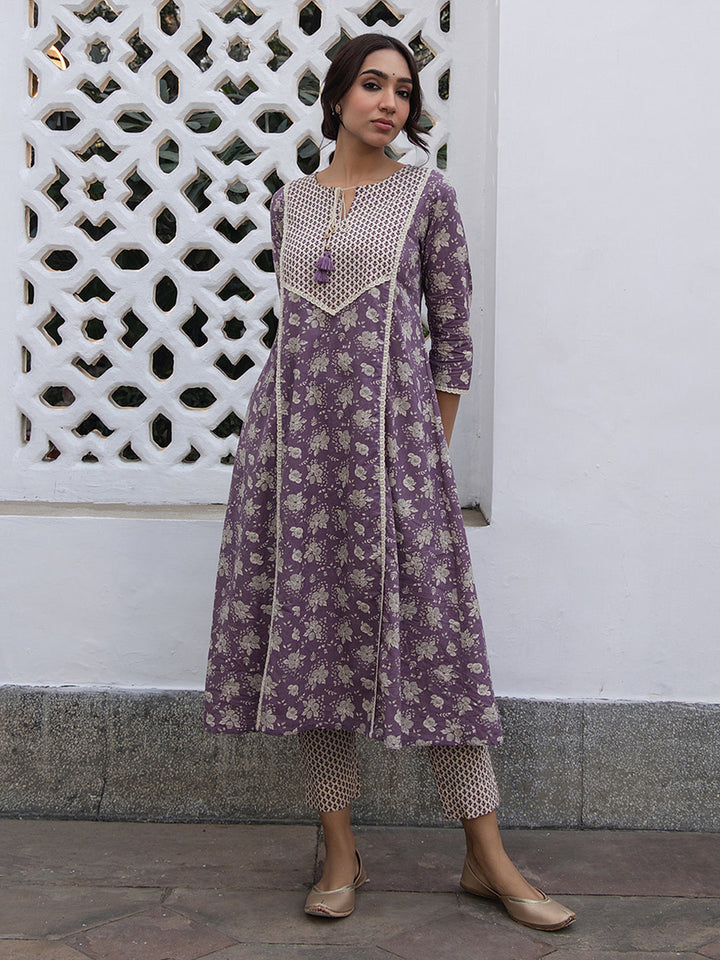 Purple Cotton Floral A-Line Kurta Set  - By Janasya