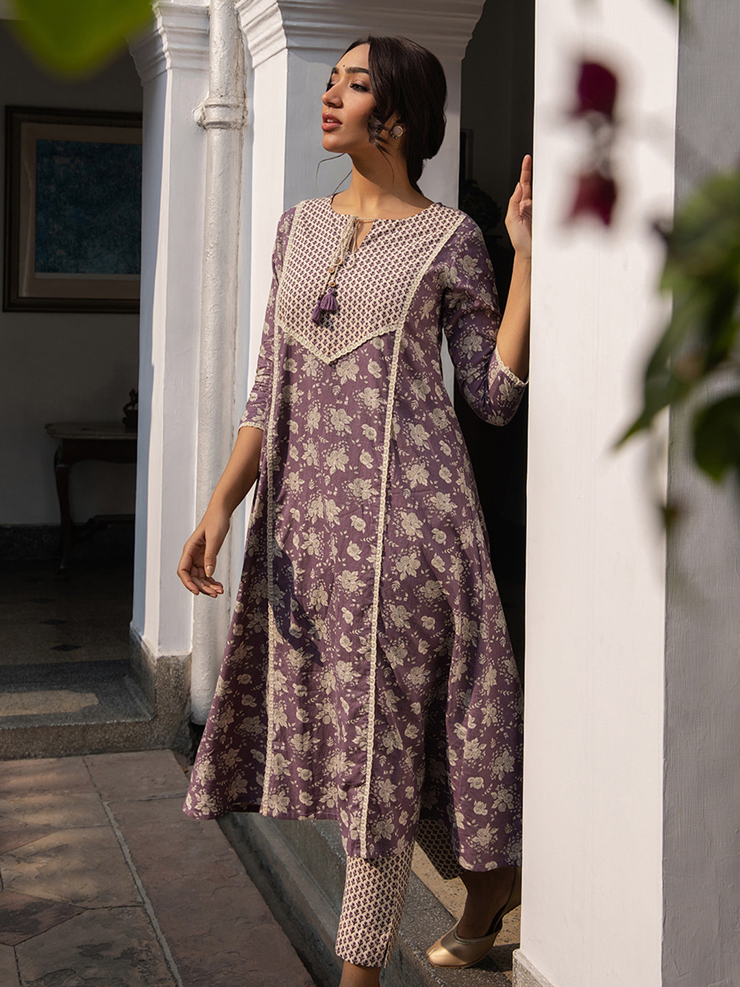 Purple Cotton Floral A-Line Kurta Set  - By Janasya