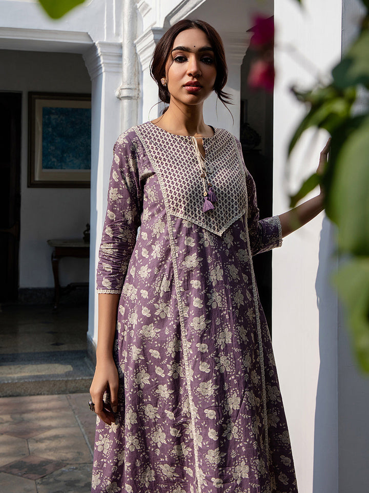 Purple Cotton Floral A-Line Kurta Set  - By Janasya