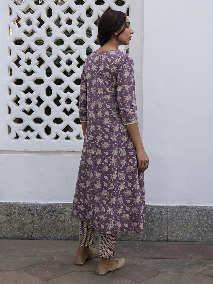 Purple Cotton Floral A-Line Kurta Set  - By Janasya