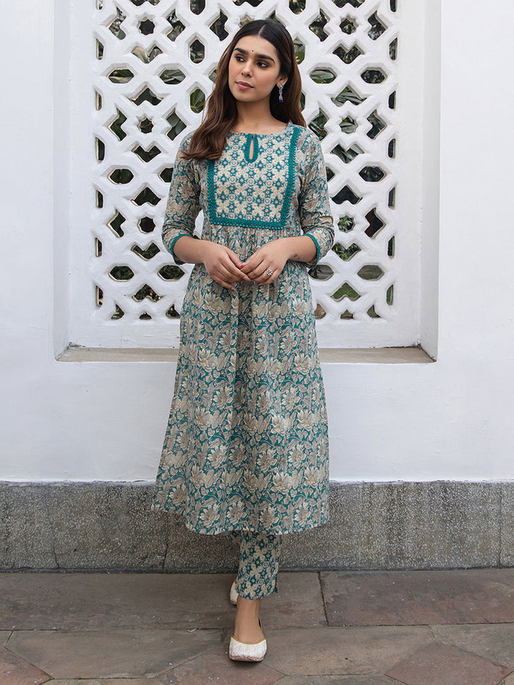 Teal Cotton Floral Straight Kurta Pant Set  - By Janasya