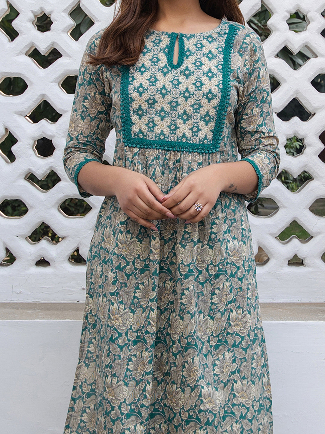 Teal Cotton Floral Straight Kurta Pant Set  - By Janasya