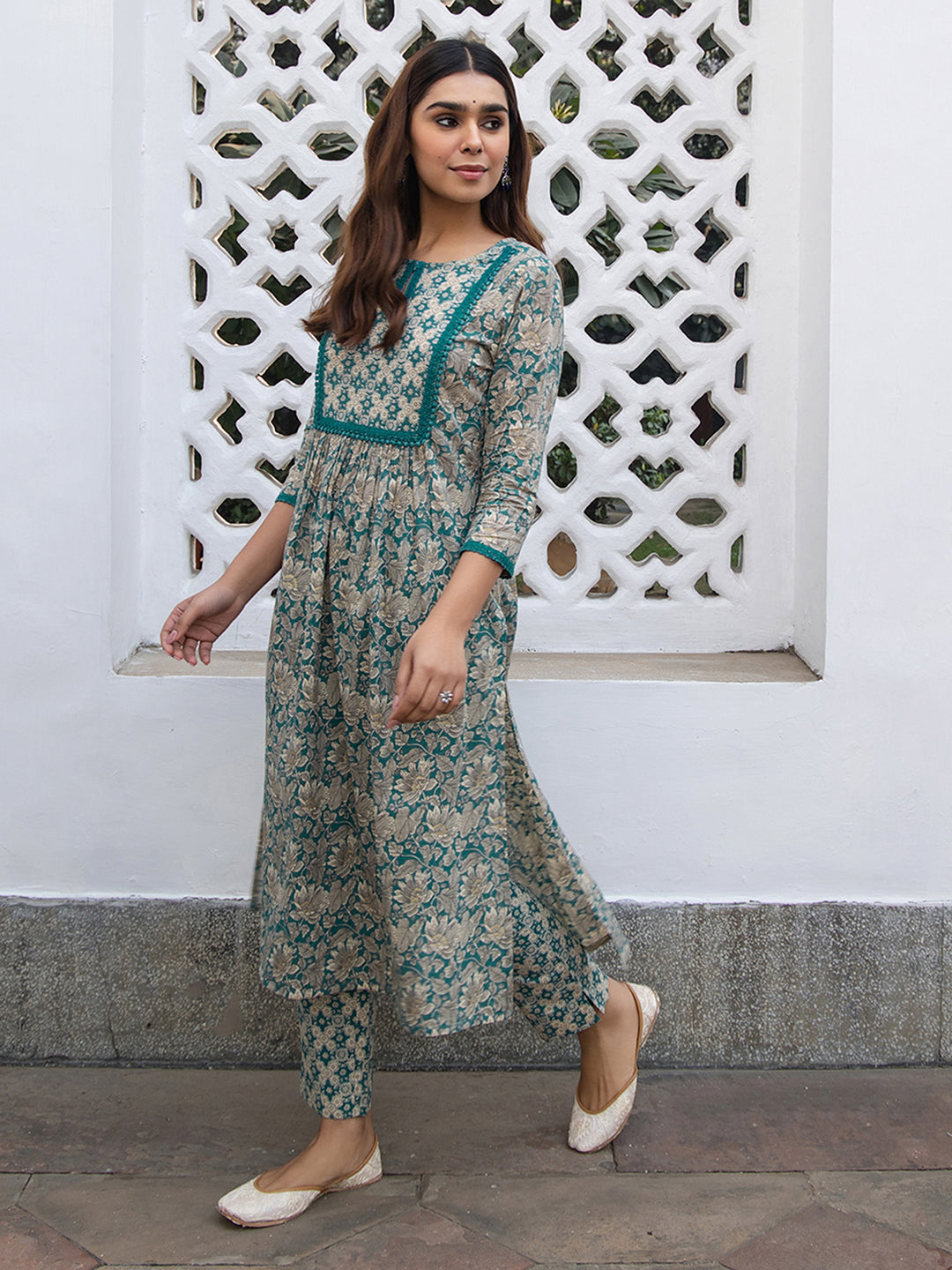 Teal Cotton Floral Straight Kurta Pant Set  - By Janasya