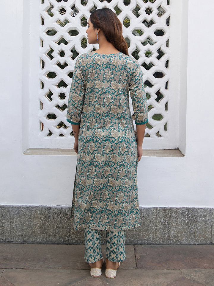 Teal Cotton Floral Straight Kurta Pant Set  - By Janasya