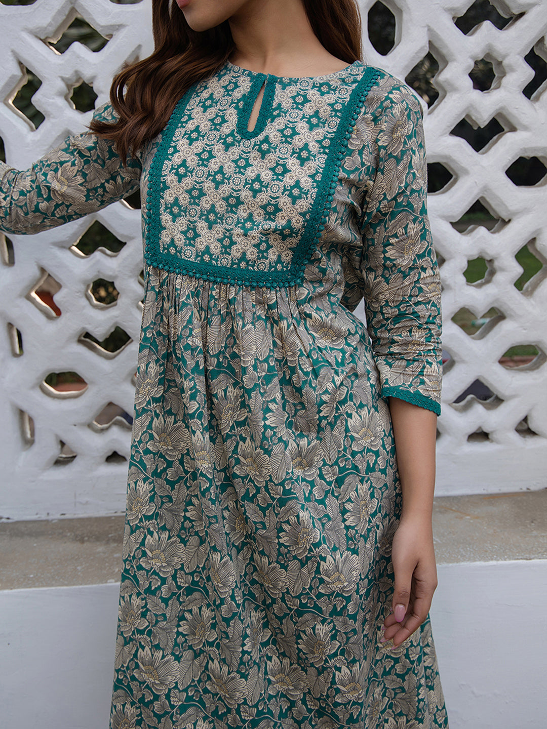 Teal Cotton Floral Straight Kurta Pant Set  - By Janasya