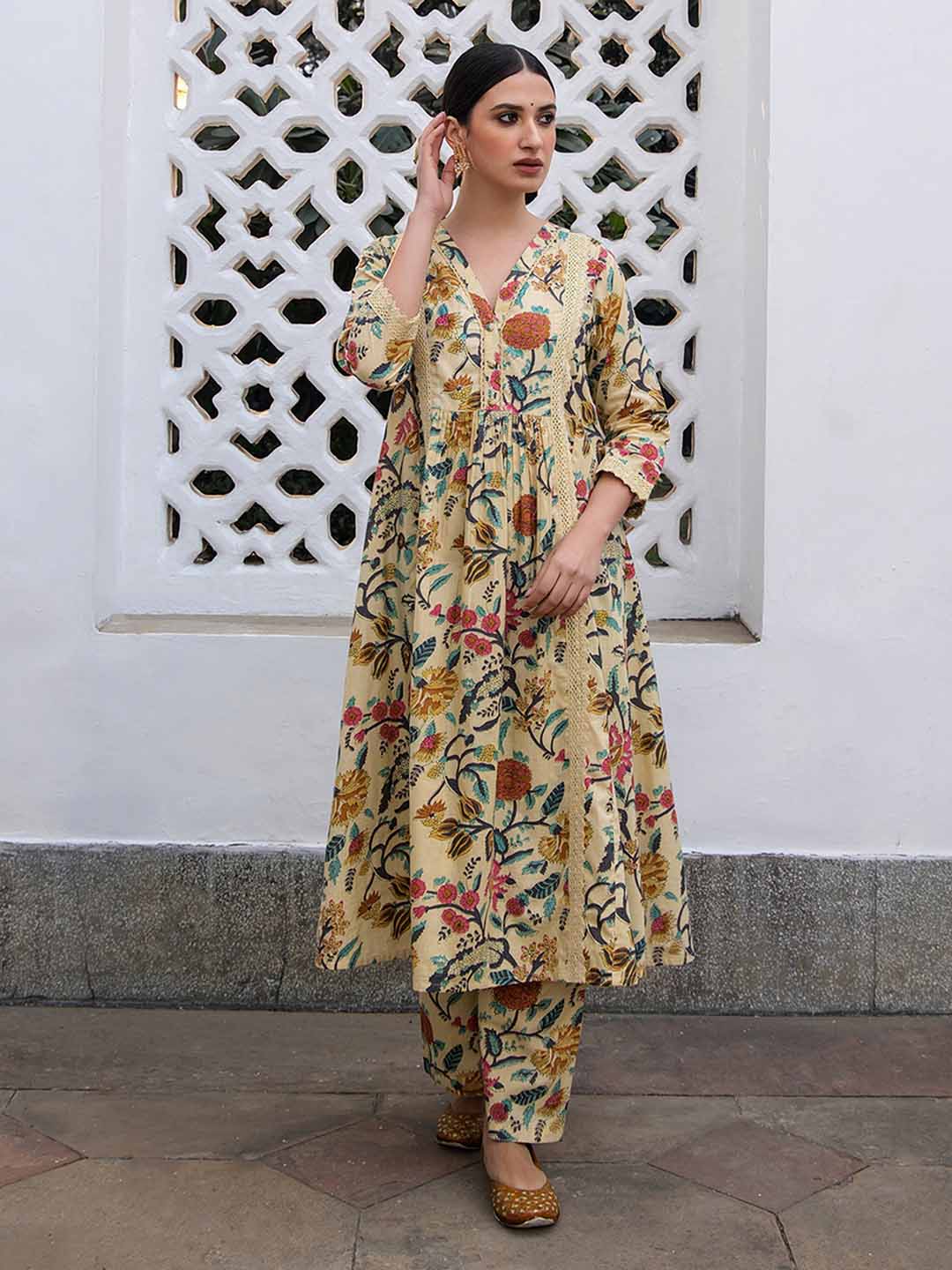 Beige Cotton Floral Kurta Pant Set - qivii