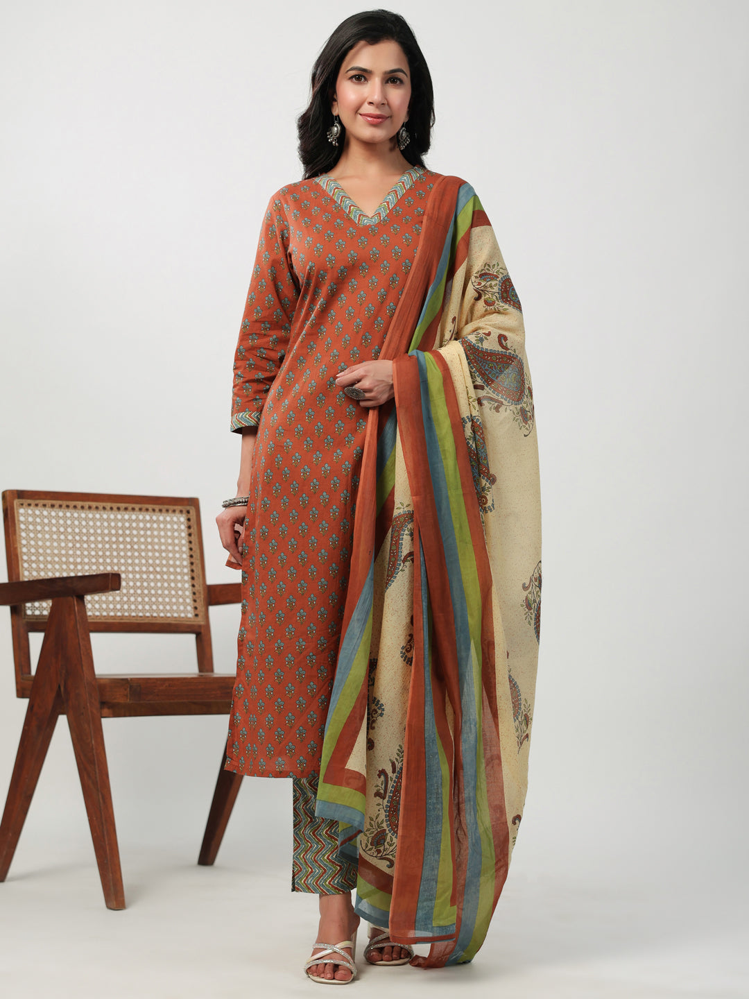 Brown Cotton Floral Straight Kurta Pant Set  - By Janasya