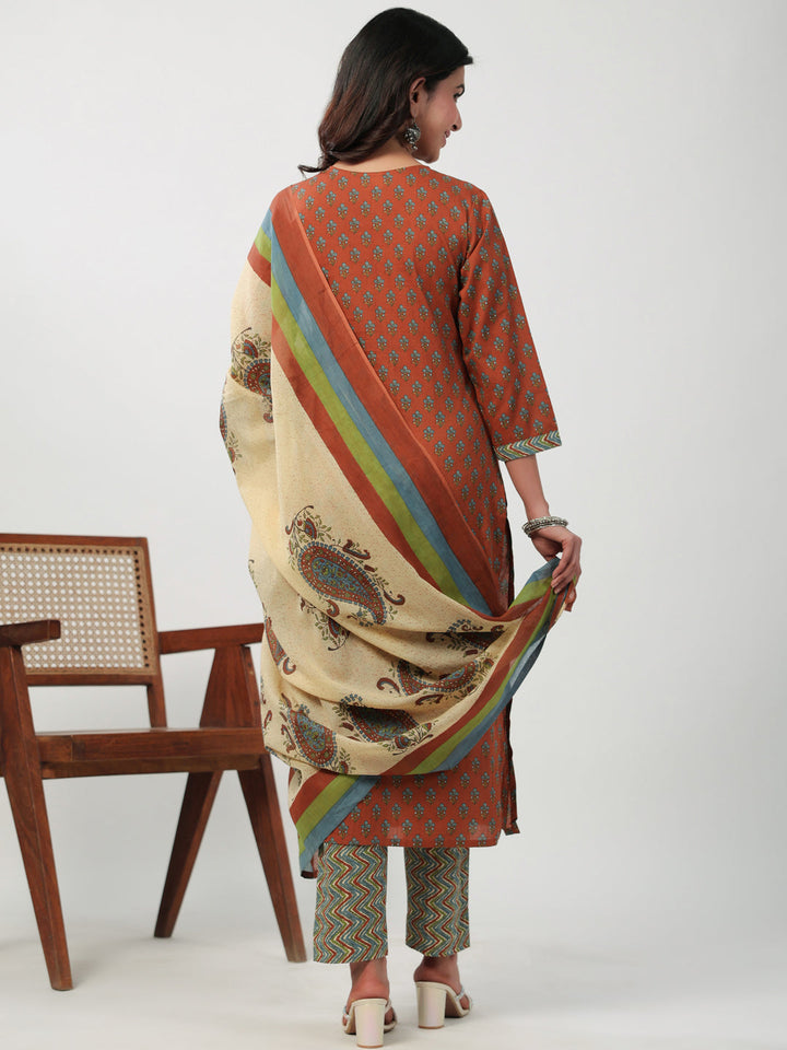 Brown Cotton Floral Straight Kurta Pant Set  - By Janasya