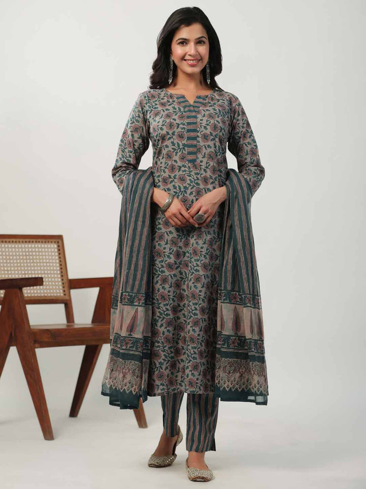 Beige Cotton Floral Straight Kurta Pant Set  - By Janasya