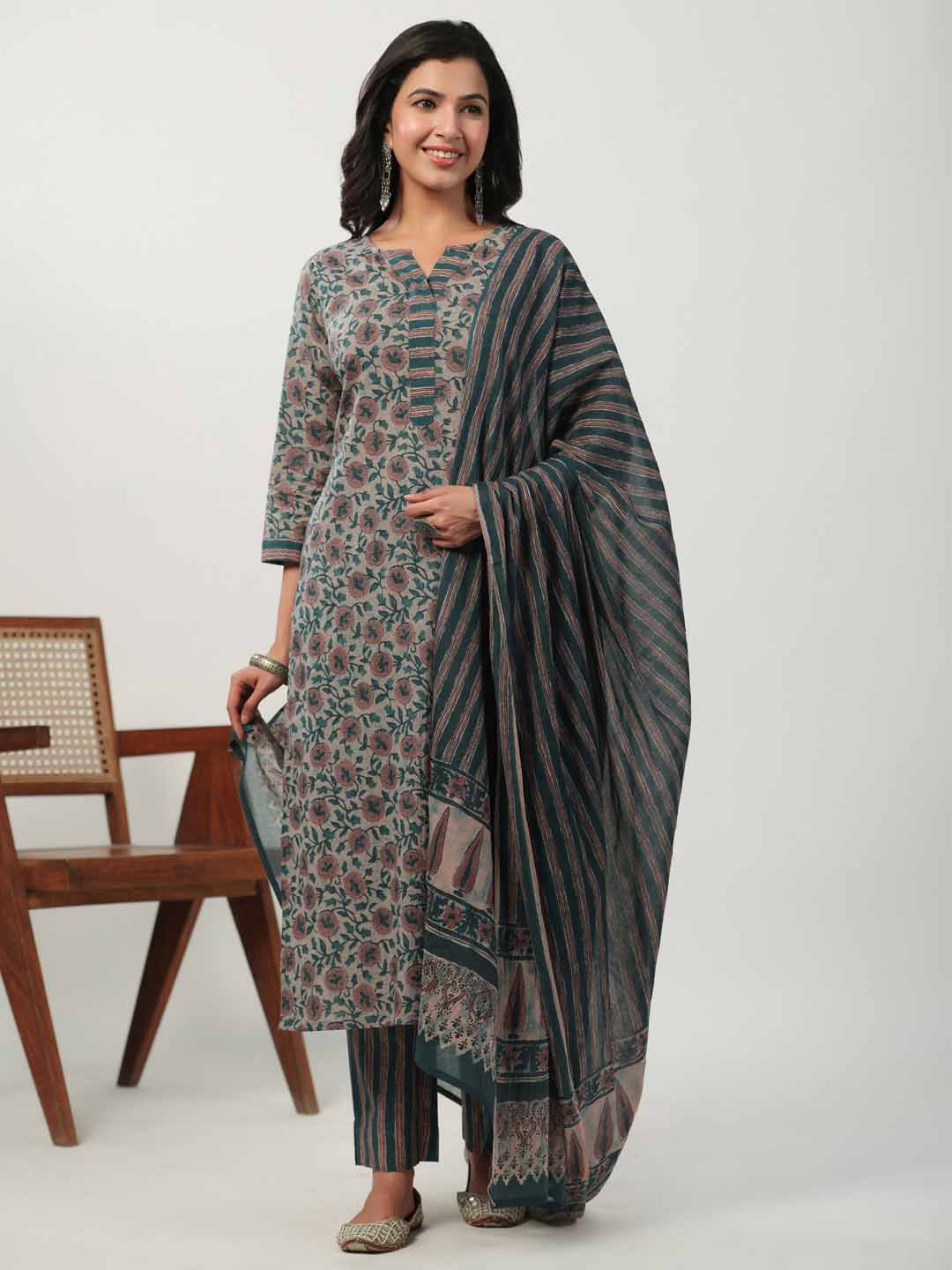 Beige Cotton Floral Straight Kurta Pant Set  - By Janasya