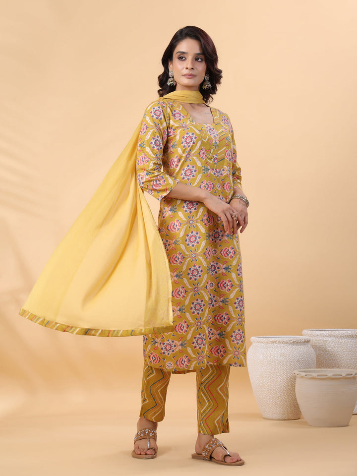 Mustard Cotton Floral Straight Kurta Pant Set  - By Janasya