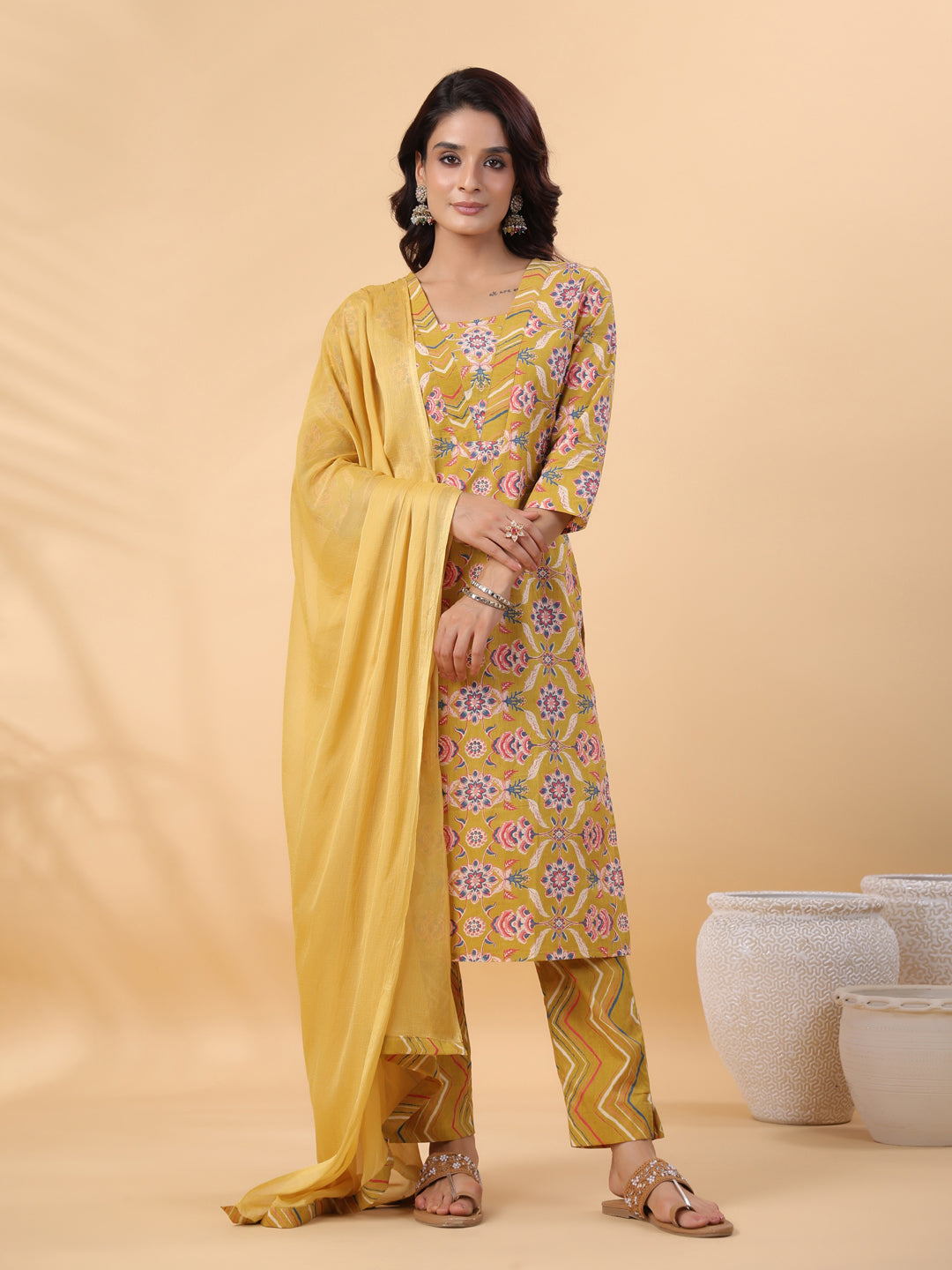 Mustard Cotton Floral Straight Kurta Pant Set  - By Janasya