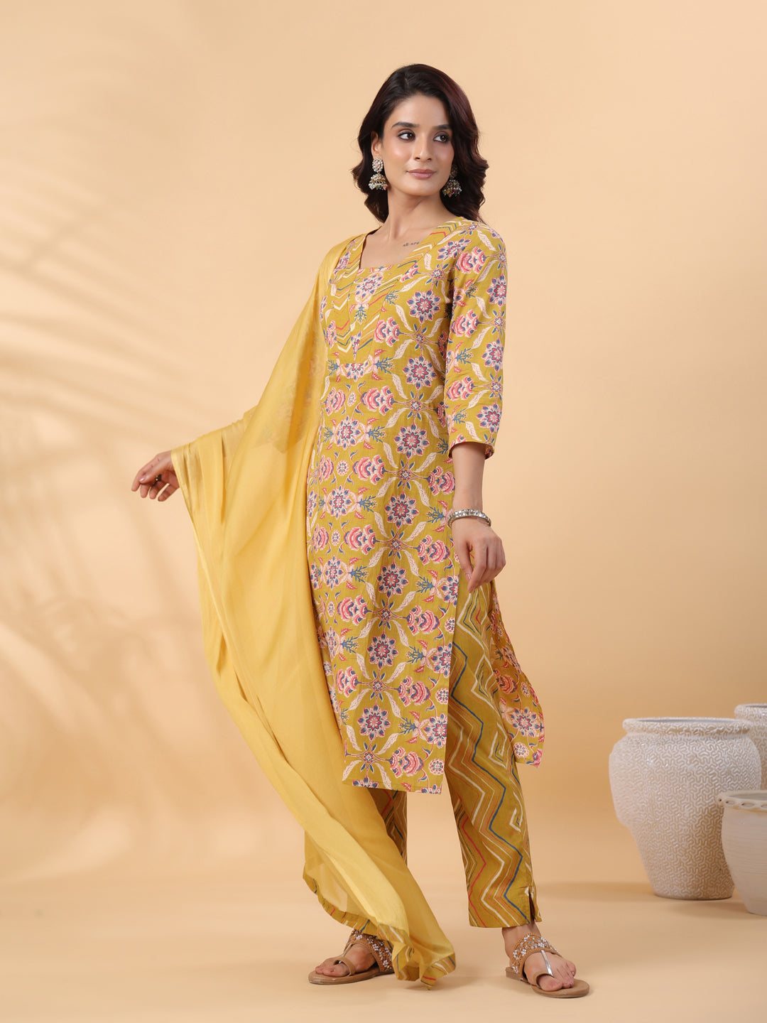 Mustard Cotton Floral Straight Kurta Pant Set  - By Janasya