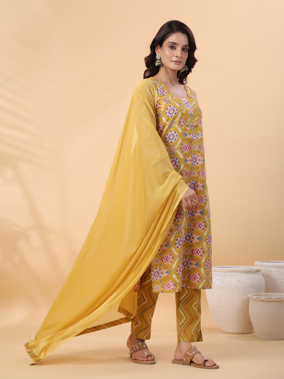 Mustard Cotton Floral Straight Kurta Pant Set  - By Janasya