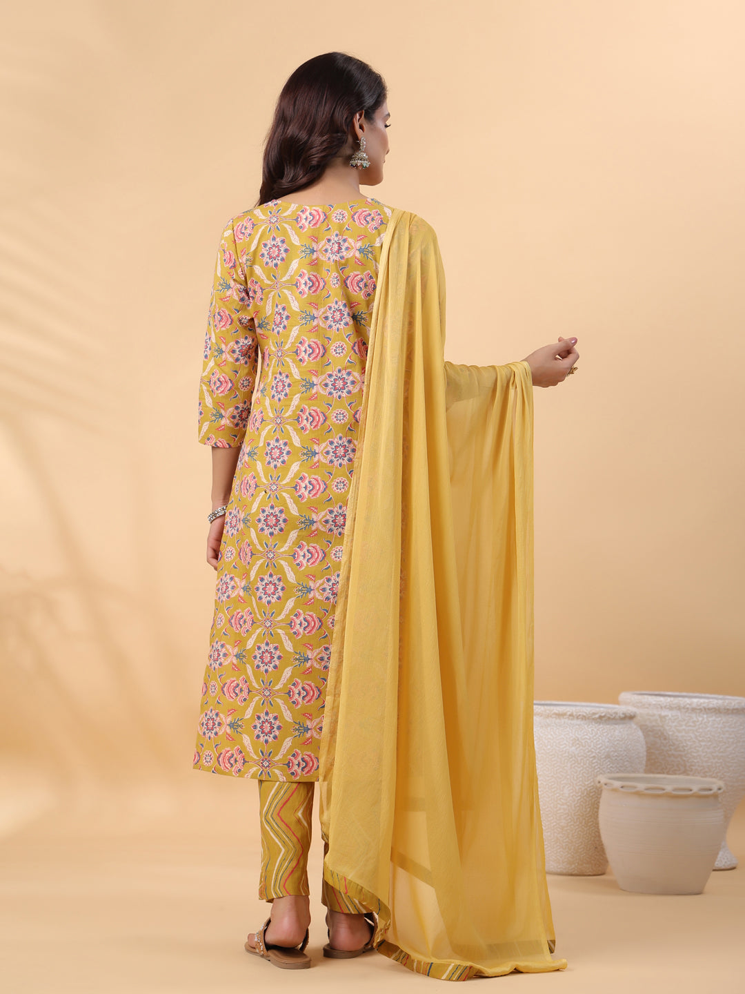 Mustard Cotton Floral Straight Kurta Pant Set  - By Janasya