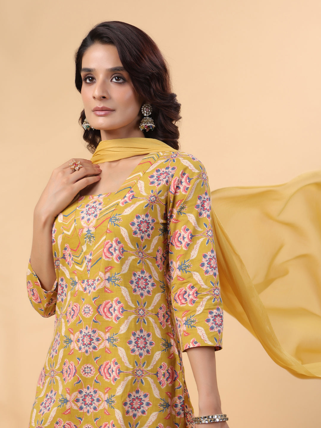 Mustard Cotton Floral Straight Kurta Pant Set  - By Janasya