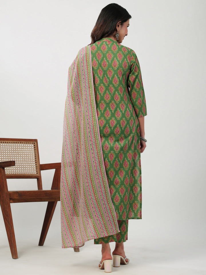 Green Cotton Ethinc Motifs Regular Kurta Set  - By Janasya