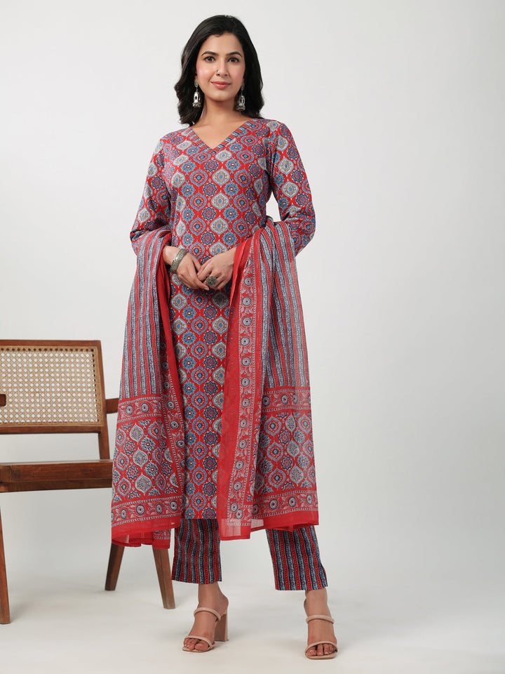 Red Cotton Ethnic Motifs Straight Kurta Set  - By Janasya