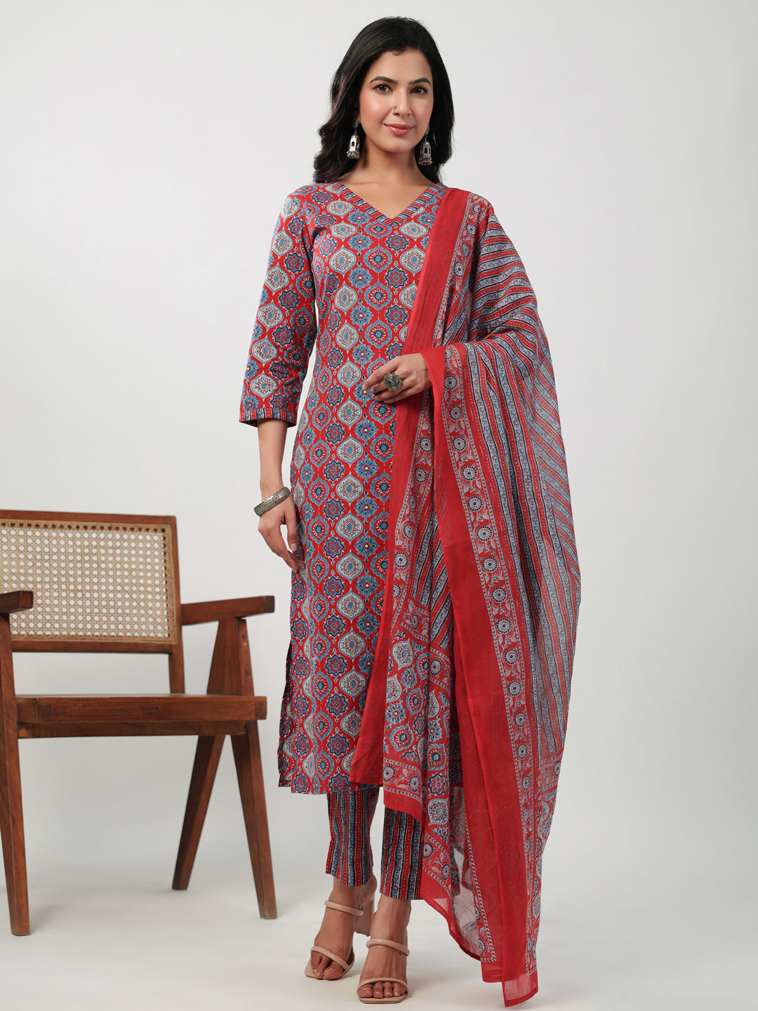 Red Cotton Ethnic Motifs Straight Kurta Set  - By Janasya