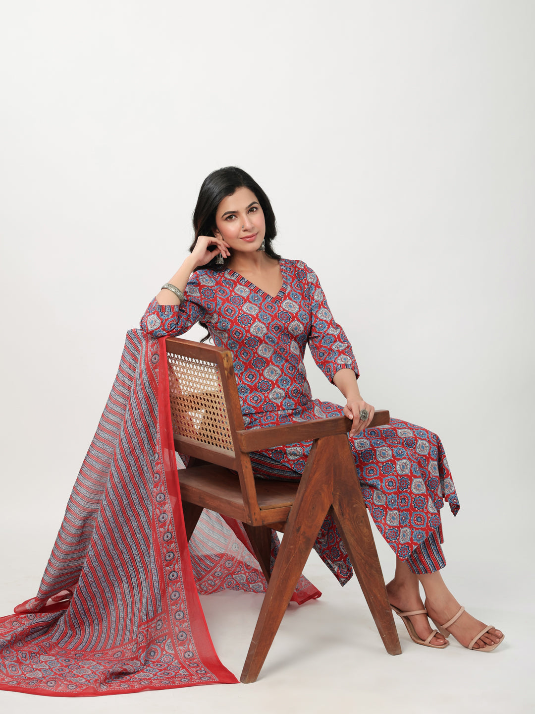 Red Cotton Ethnic Motifs Straight Kurta Set  - By Janasya