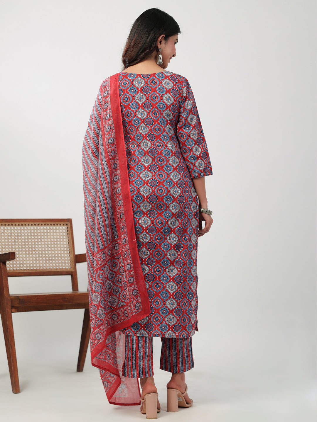 Red Cotton Ethnic Motifs Straight Kurta Set  - By Janasya