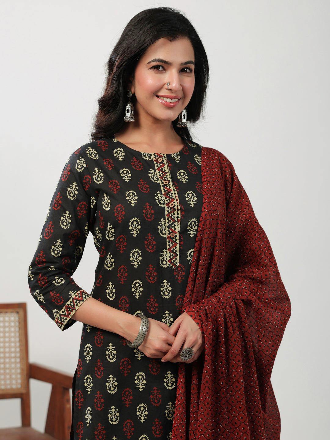 Black Cotton Ethnic Motifs Kurta Set  - By Janasya