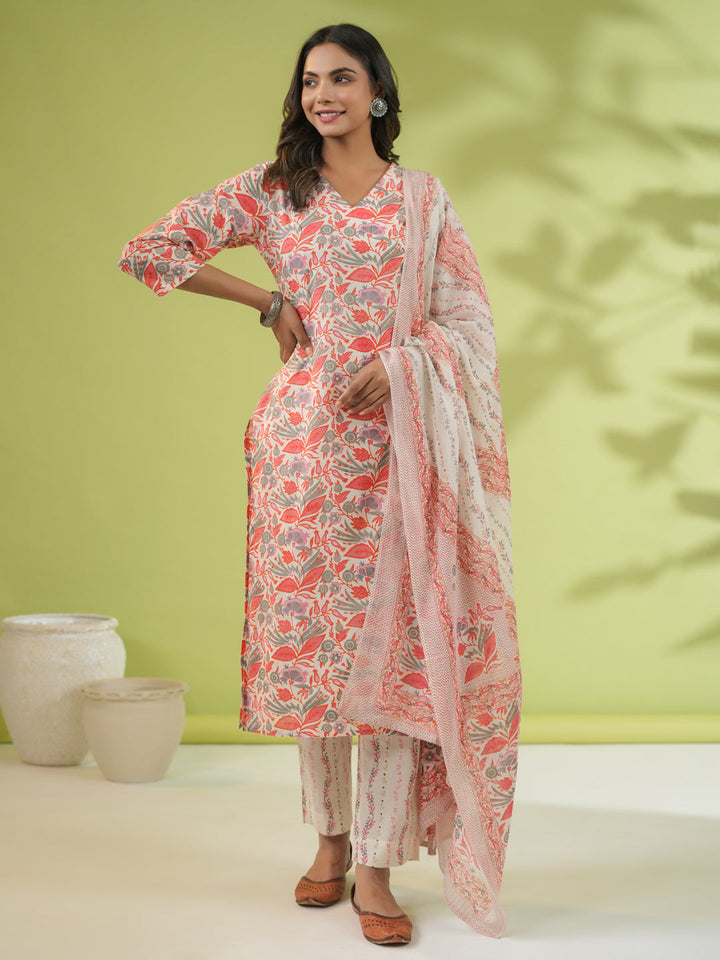 Off White Cotton Floral Regular Kurta Set  - By Janasya