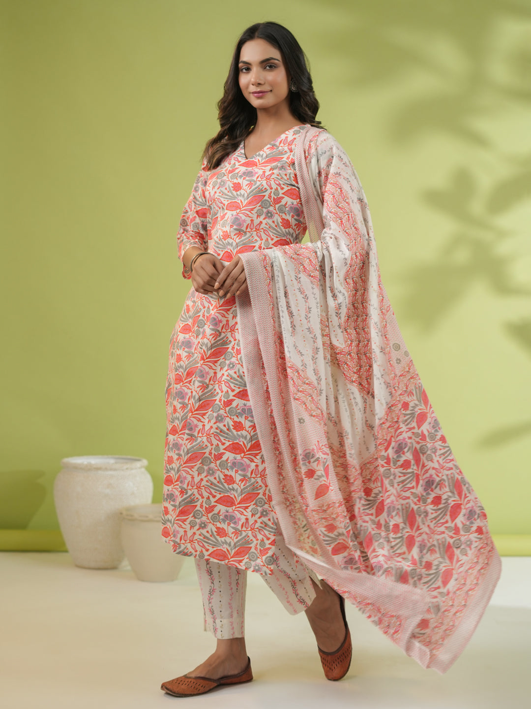 Off White Cotton Floral Regular Kurta Set  - By Janasya