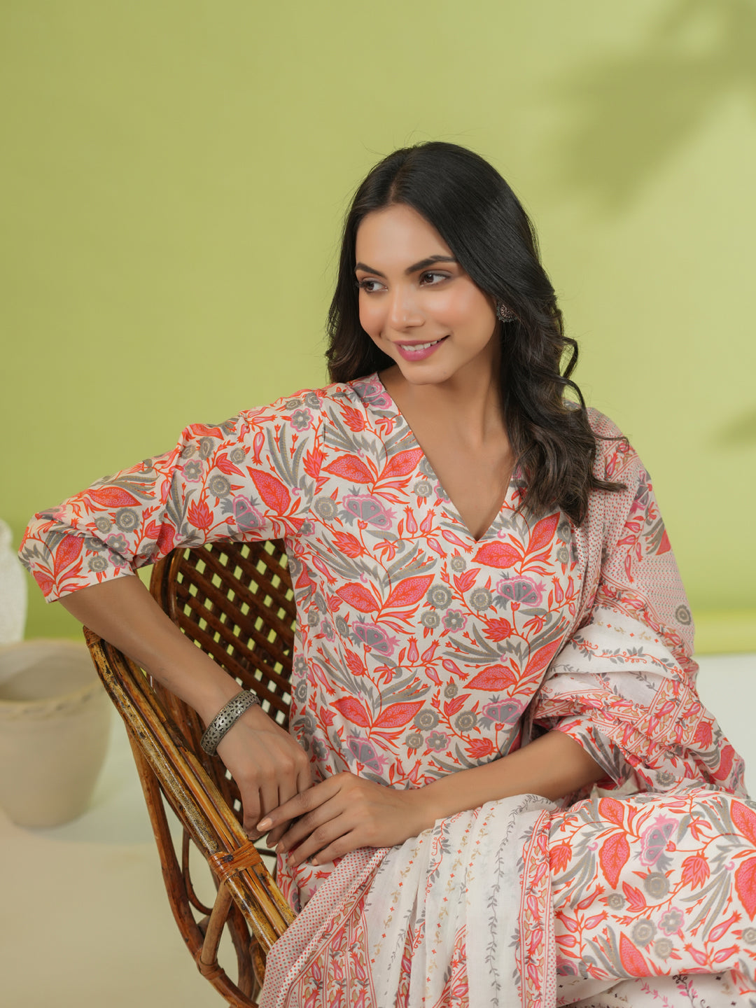 Off White Cotton Floral Regular Kurta Set  - By Janasya