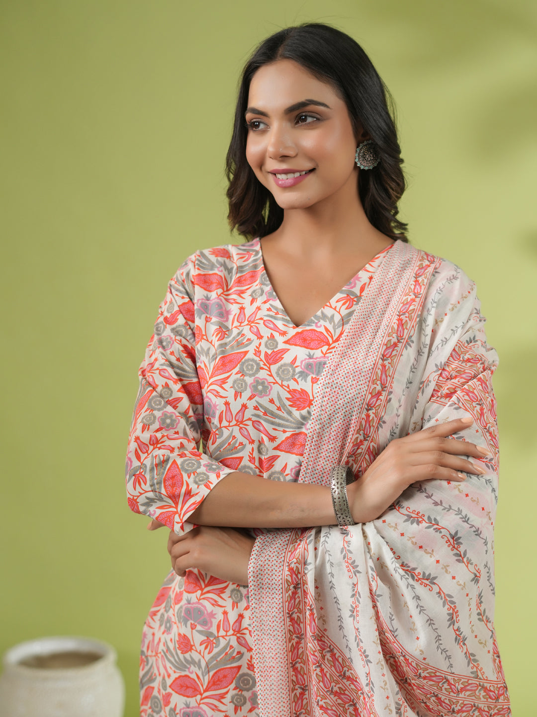 Off White Cotton Floral Regular Kurta Set  - By Janasya