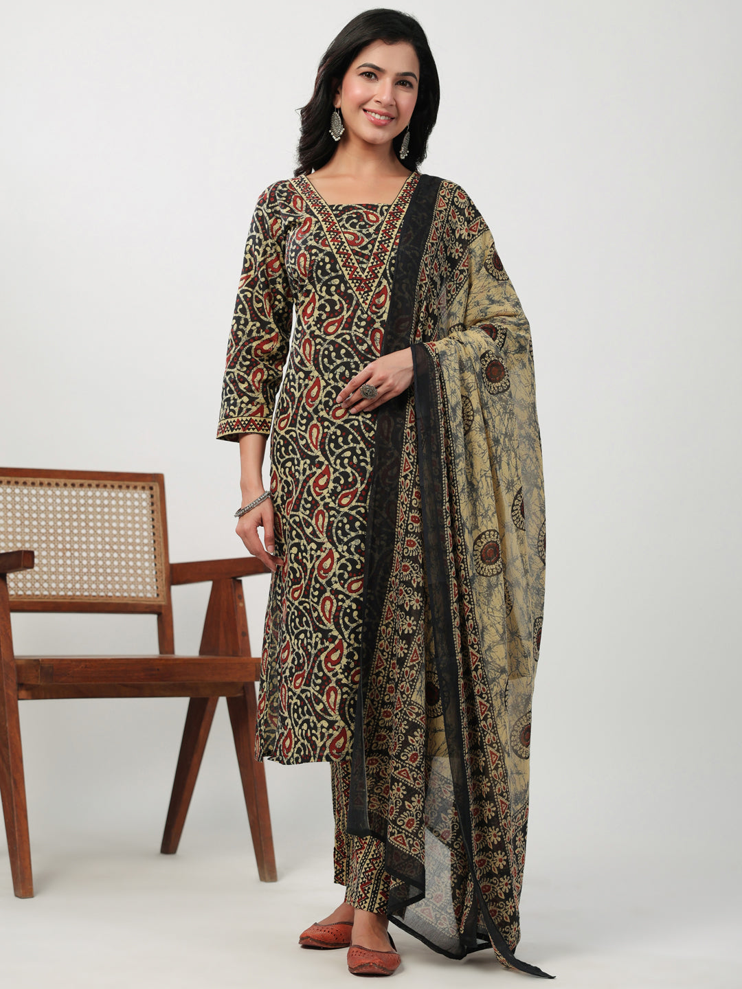 Black Cotton Batik Straight Kurta Set  - By Janasya