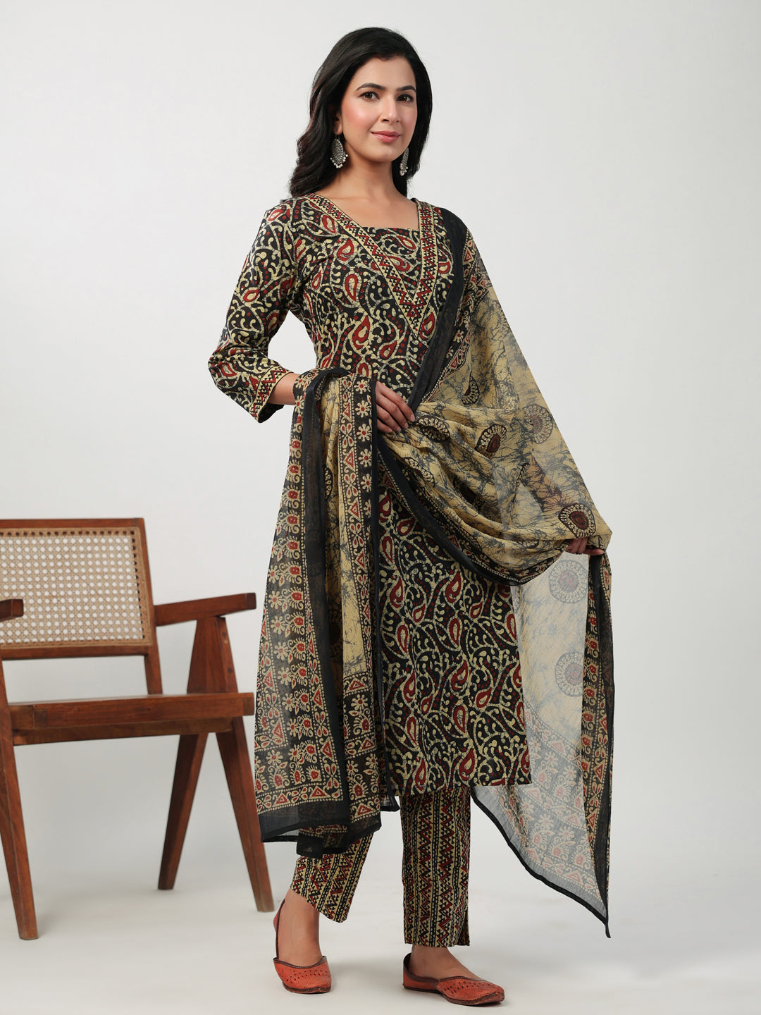 Black Cotton Batik Straight Kurta Set  - By Janasya