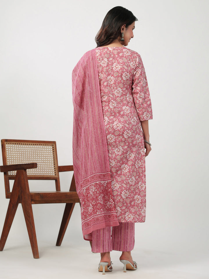 Pink Cotton Floral Straight Kurta Set  - By Janasya