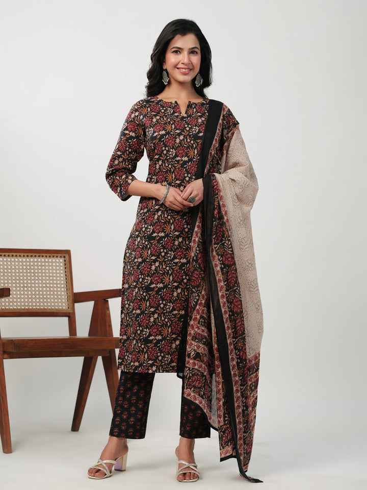 Black Cotton Floral Printed Straight Kurta Set  - By Janasya