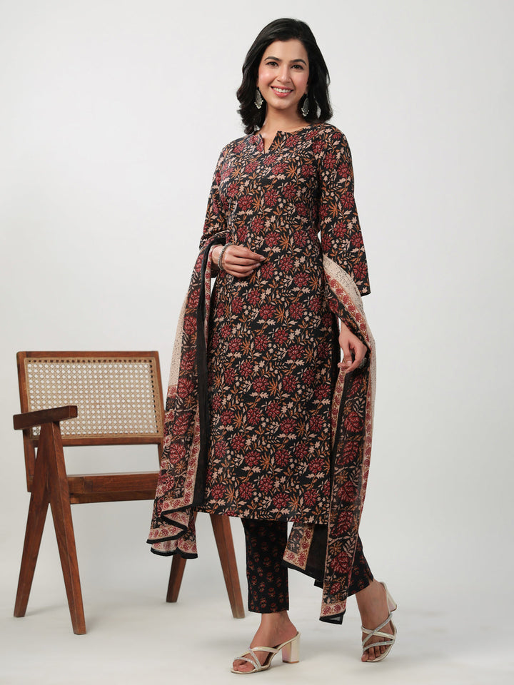 Black Cotton Floral Printed Straight Kurta Set  - By Janasya